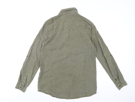 Stradivarius Womens Green Lyocell Basic Button-Up Size L Collared
