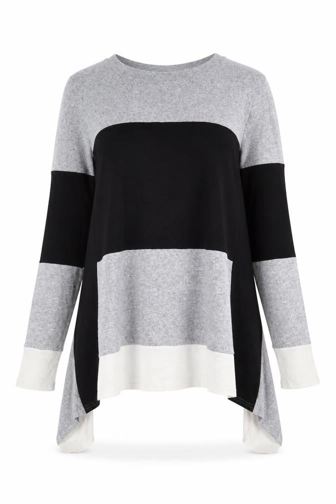 Front view of LTS women’s grey striped polyester a-line, size UK 10, crew neck pullover
