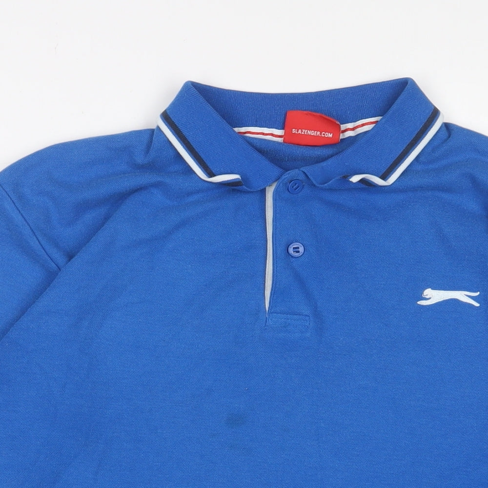 Slazenger Mens Blue Cotton Polo Size L Collared Button - Logo, Embroidered