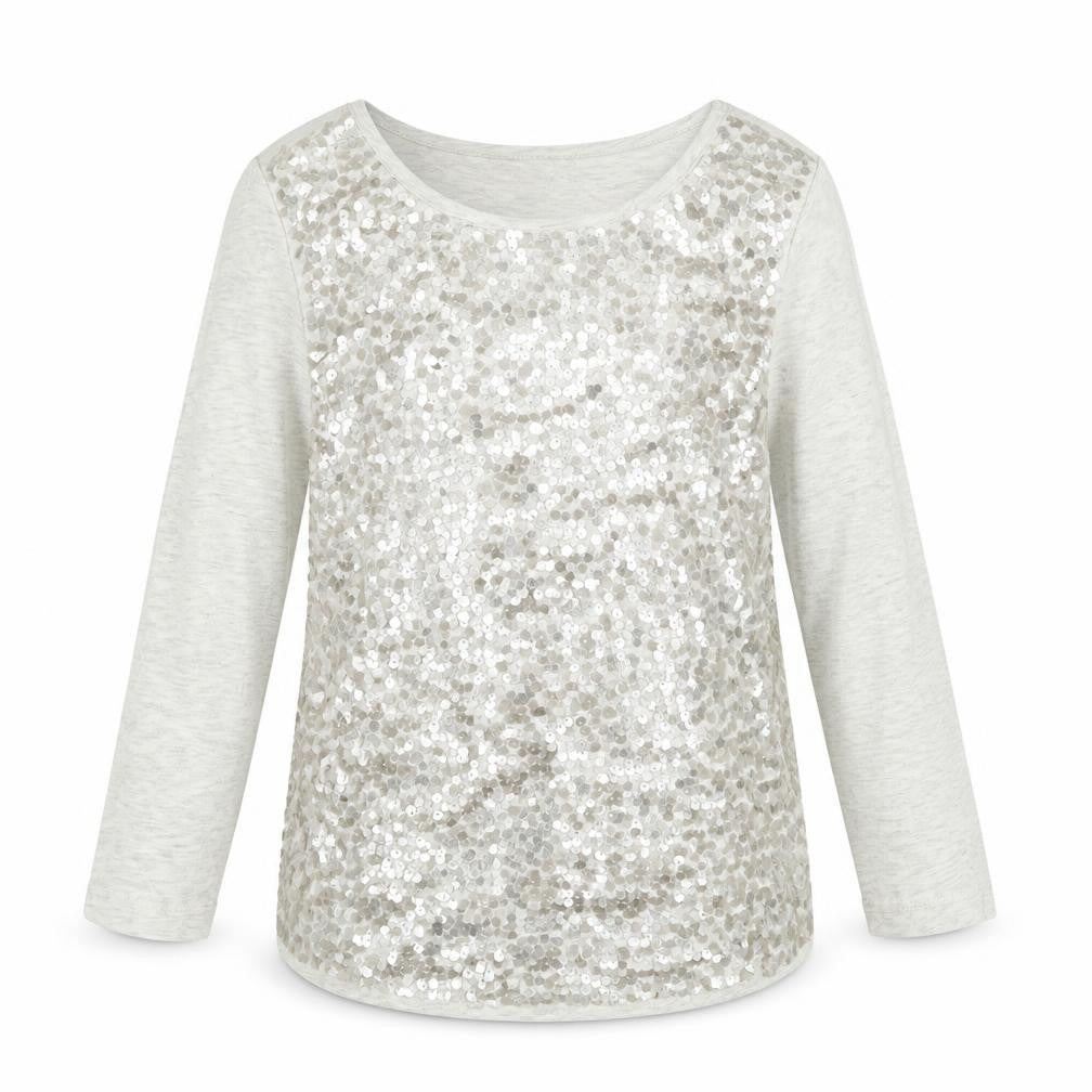 Front view of Gap girls’ grey cotton pullover t-shirt, size 8-9, years crew neck - sequins