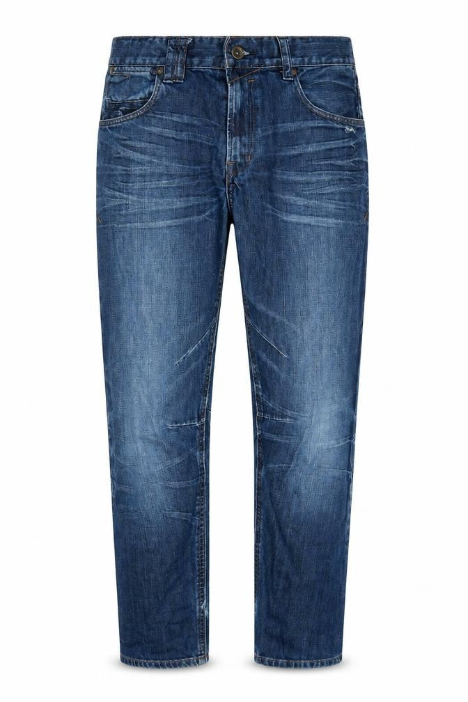 Front view of & Now boys’ blue cotton tapered jeans, size 11-12, years, 28-inch leg regular zip - logo - distressed