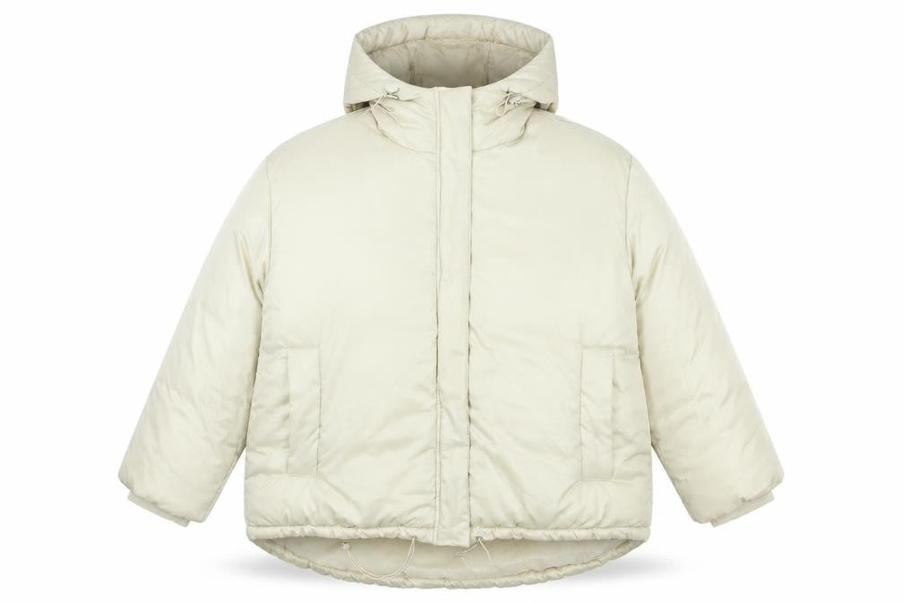 Front view of Missguided women’s beige puffer jacket coat, size UK 12, zip