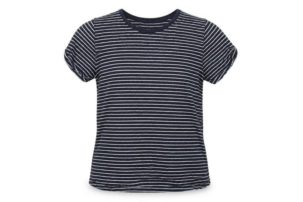 Front view of ASOS women’s blue striped cotton basic t-shirt, size UK 12, round neck