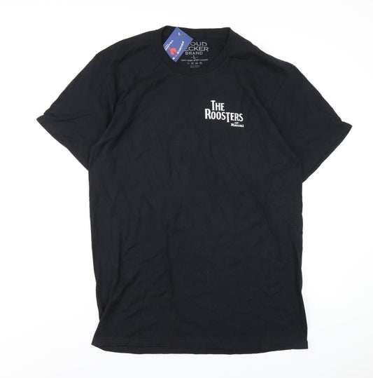 The Roosters Mens Black Cotton T-Shirt Size L Round Neck