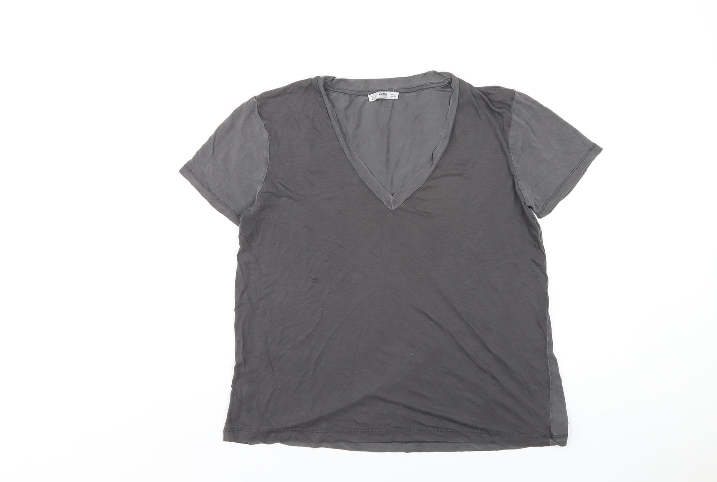 Zara Womens Grey Polyester Basic T-Shirt Size S V-Neck