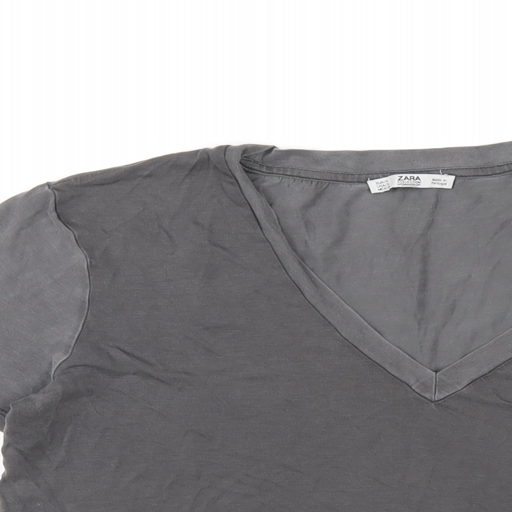 Zara Womens Grey Polyester Basic T-Shirt Size S V-Neck