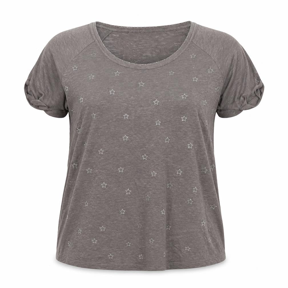 Gerard Darel Womens Brown Linen Basic T-Shirt Size S Round Neck - Embellishment Detail Stars