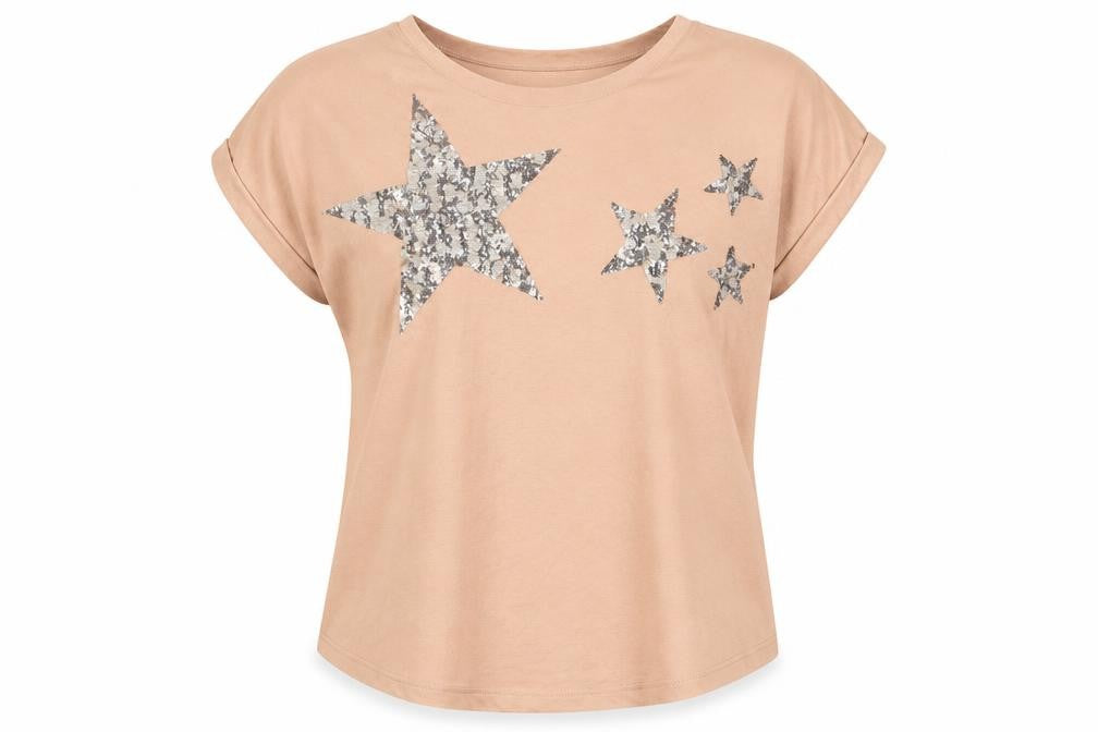 Next Womens Pink Cotton Basic T-Shirt Size 12 Crew Neck - Stars, Sequins