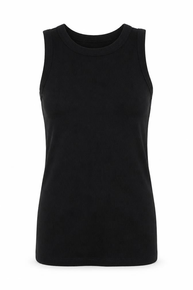 Front view of Kin women’s black cotton basic tank, size S, crew neck - logo