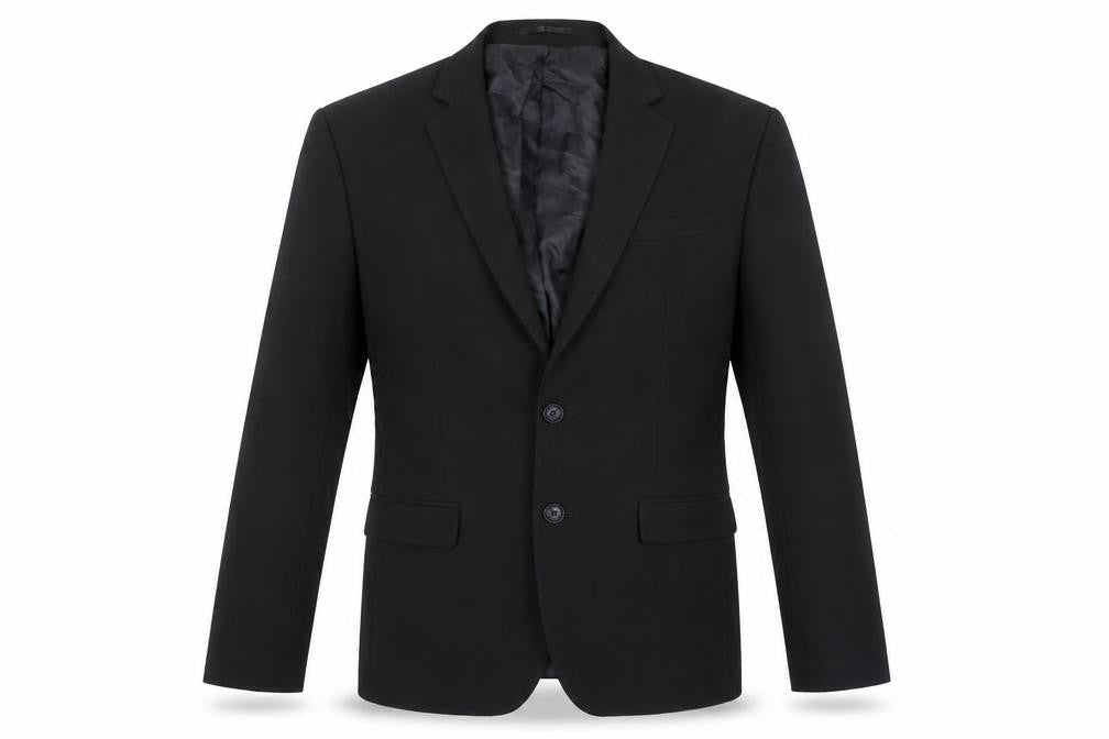 Front view of boohooMAN men’s black polyester jacket blazer, size 40, regular