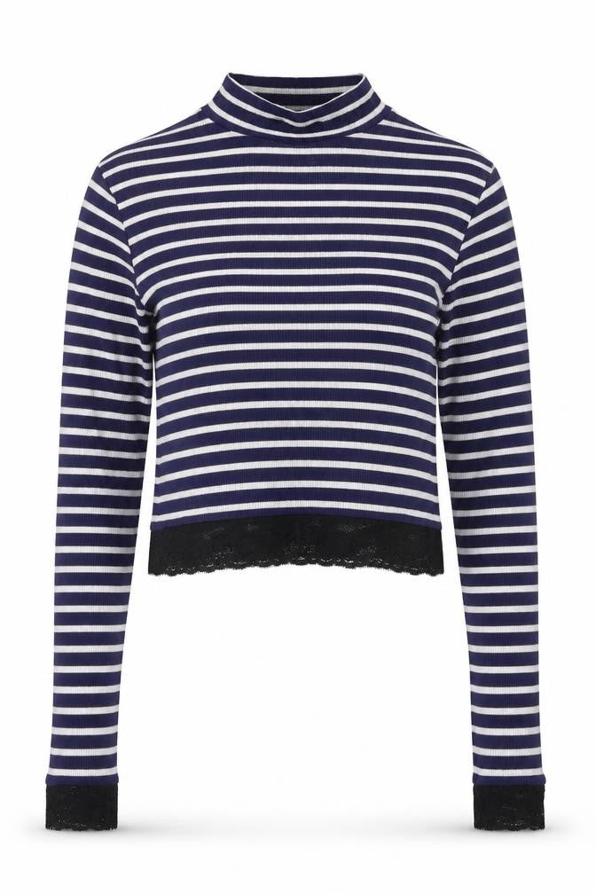 Front view of ASOS women’s blue striped viscose jersey t-shirt, size UK 6, round neck