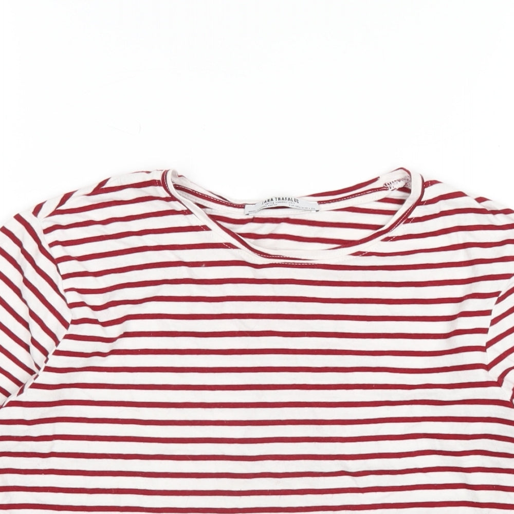 Zara Womens Red Striped Cotton Basic T-Shirt Size M Round Neck
