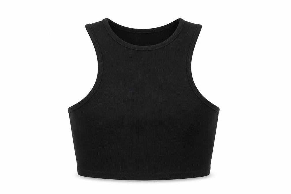 Front view of I SAW IT FIRST women’s black polyester cropped tank, size UK 8, round neck
