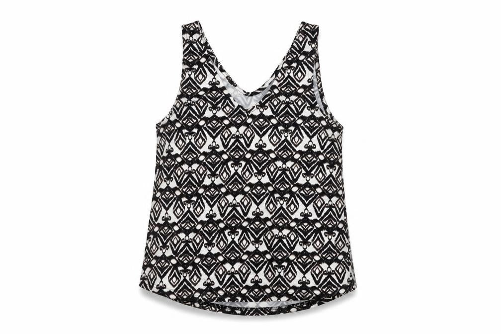 Front view of b.young women’s black geometric viscose basic tank, size S, v-neck