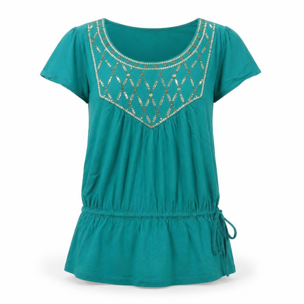 Savoir Womens Green Cotton Tunic T-Shirt Size 10 Scoop Neck - Sequins