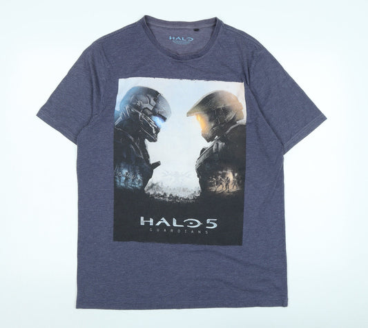 Halo Mens Blue Cotton T-Shirt Size M Henley - Logo - halo 5 - guardian