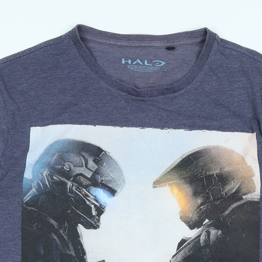 Halo Mens Blue Cotton T-Shirt Size M Henley - Logo - halo 5 - guardian
