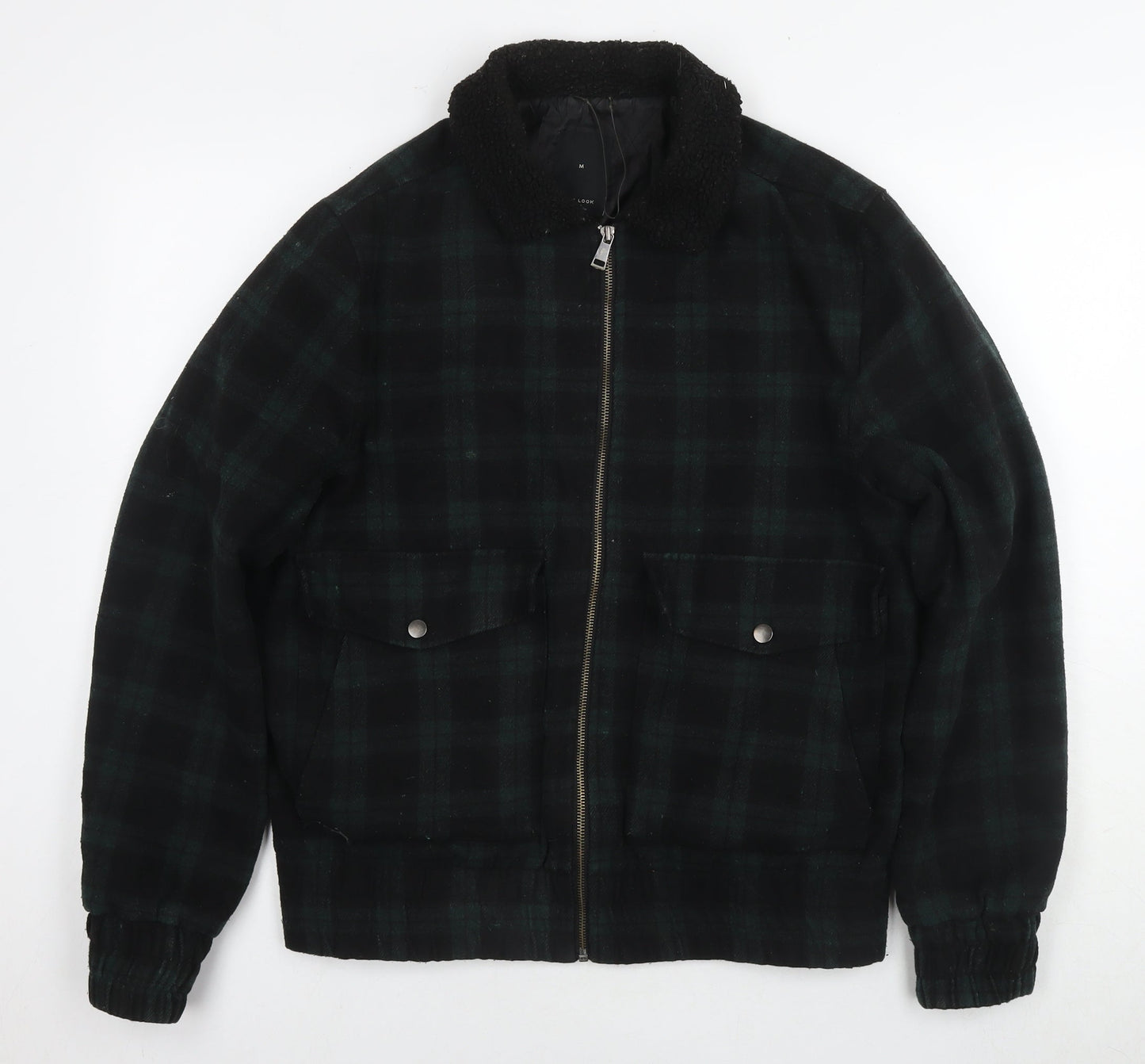New Look Mens Green Check Jacket Coat Size M Zip
