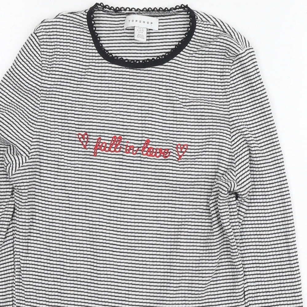 Topshop Womens Black Striped Cotton Basic Blouse Size 12 Round Neck - Fall in love