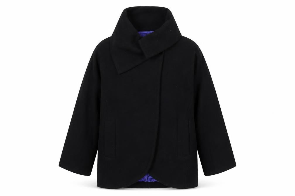 Front view of French Connection women’s black pea coat coat, size UK 10, button