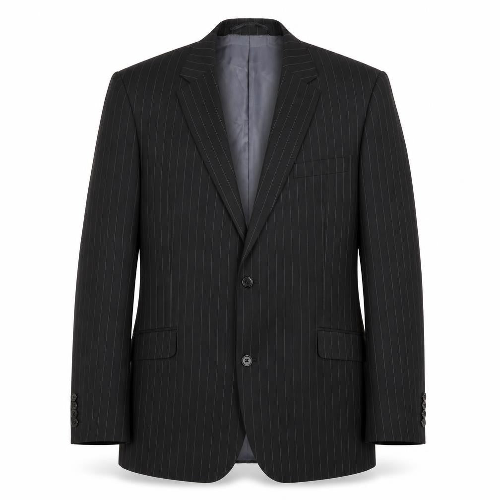 Front view of French Connection men’s black striped wool jacket blazer, size 42, regular