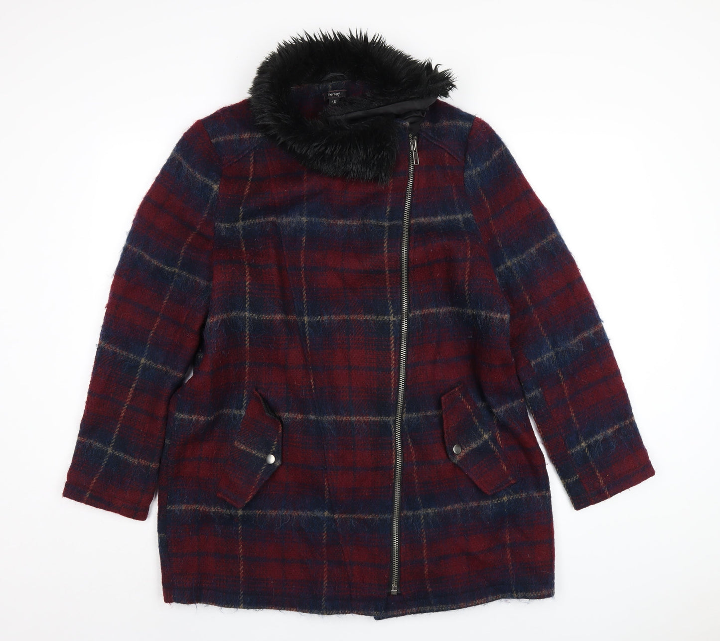 Therapy Womens Red Plaid Overcoat Coat Size 18 Zip