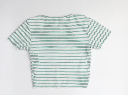 Pull&Bear Women's Green Striped Cropped T-Shirt S