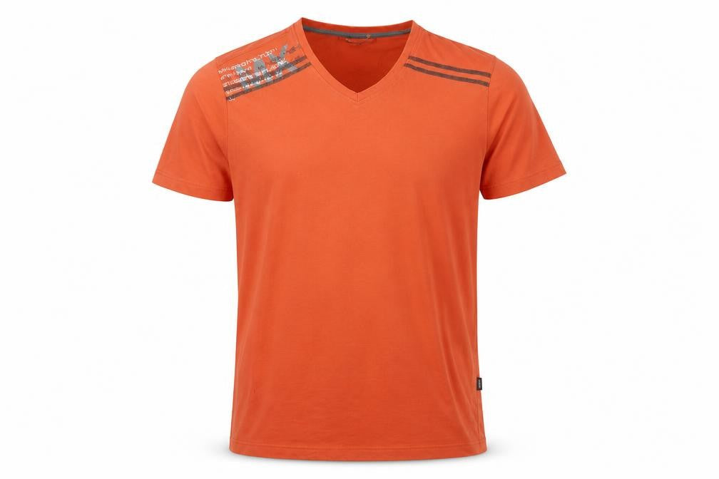 Front view of Mexx men’s orange cotton t-shirt, size M, v-neck