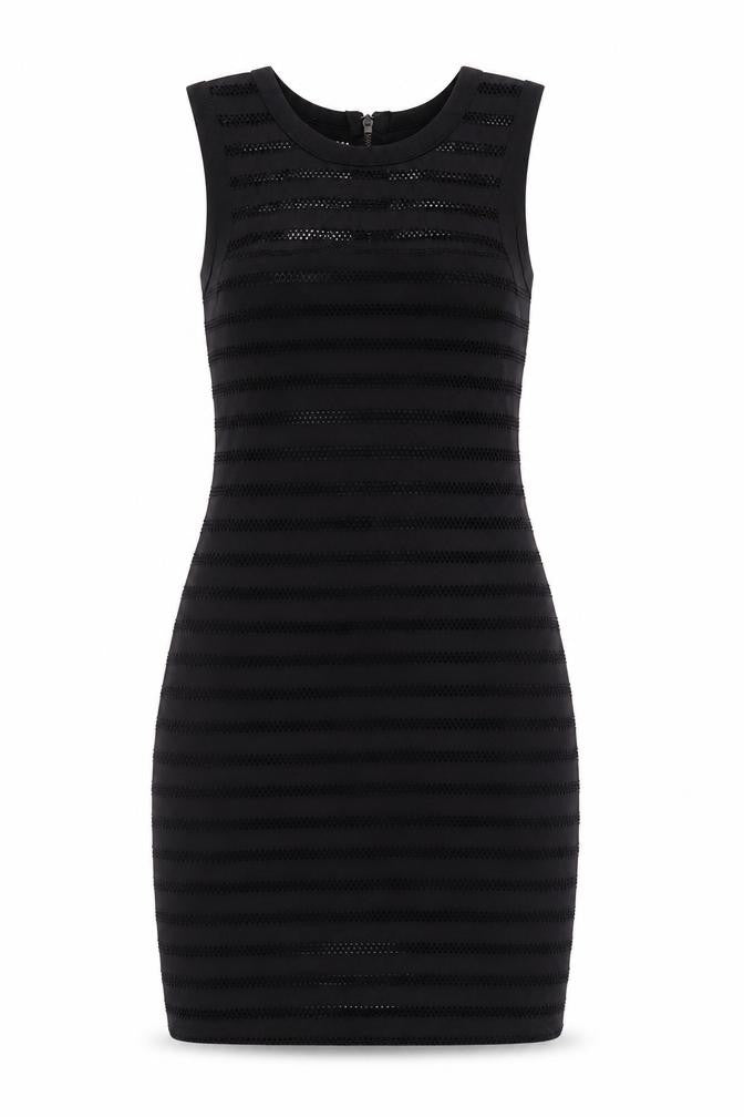 Front view of Silence + Noise women’s black polyester bodycon, size M, round neck zip