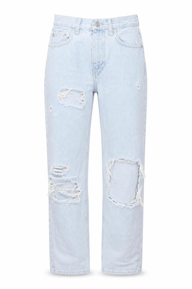 Front view of BDG women’s blue cotton mom jeans, size UK 26, 30-inch leg regular zip