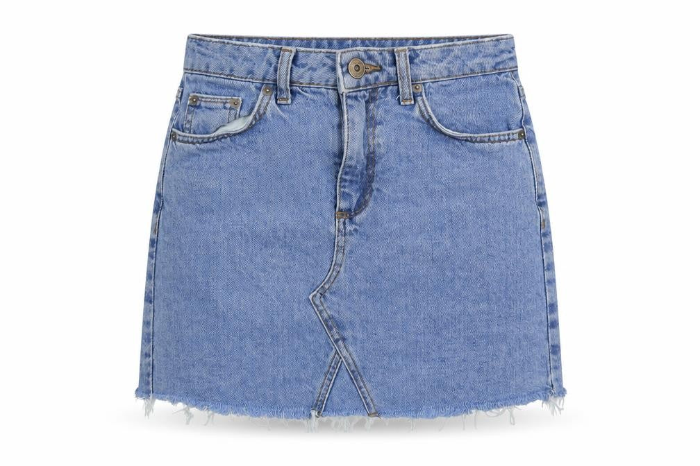 Front view of BDG women’s blue cotton mini skirt, size XS, button