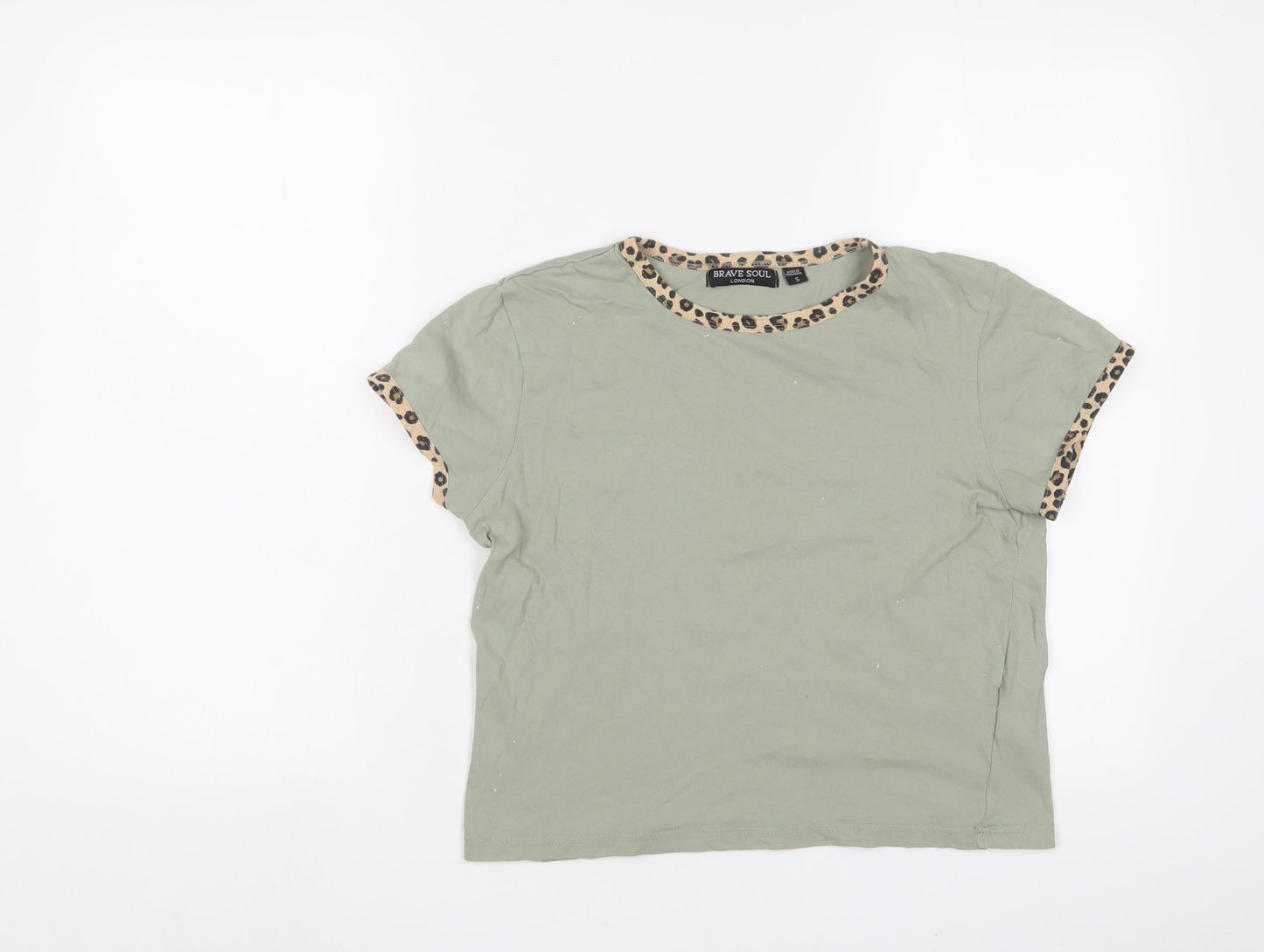 Brave Soul Womens Green Cotton Cropped T-Shirt Size S Crew Neck