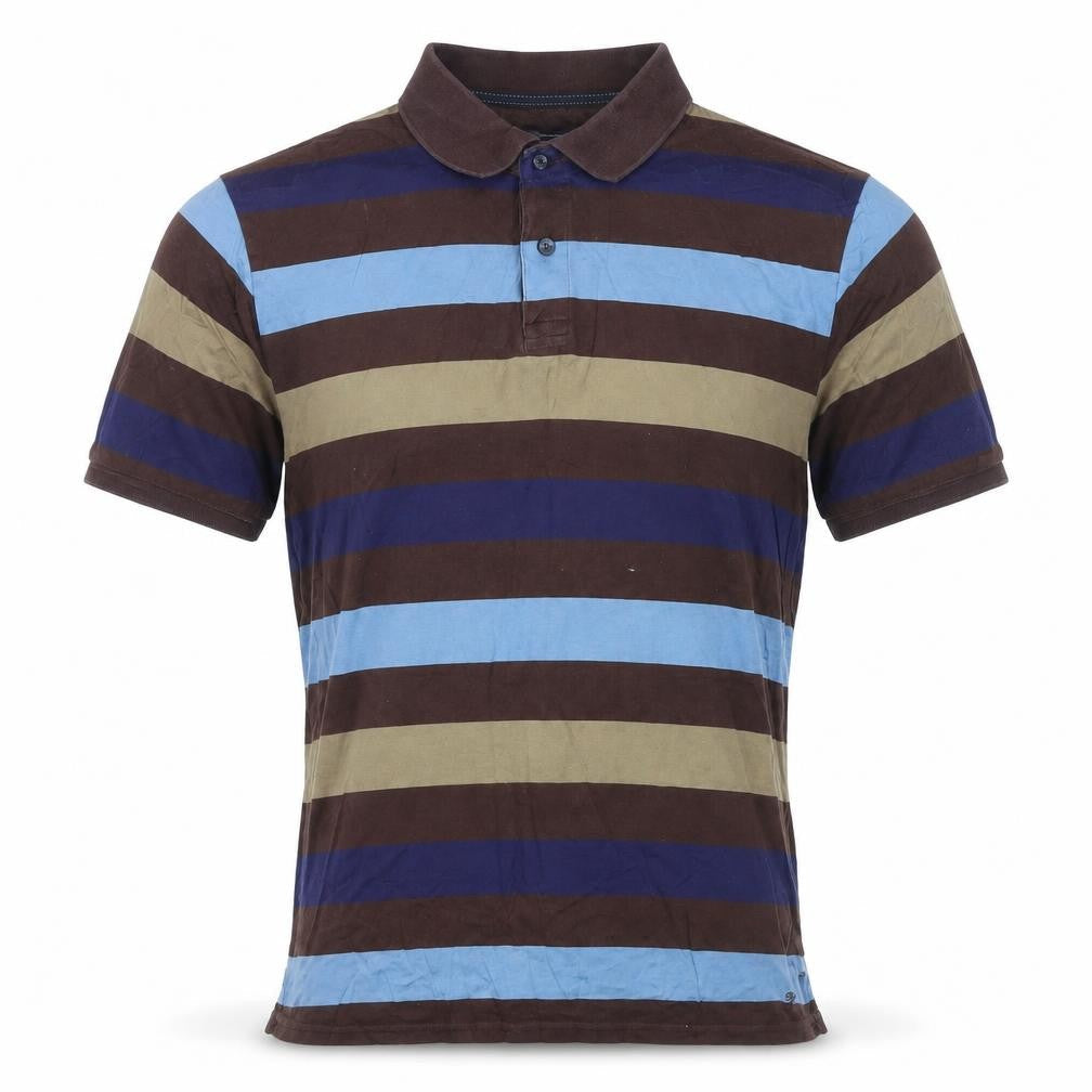 Blue Harbour Mens Brown Striped Polyester Polo Size S Collared Button
