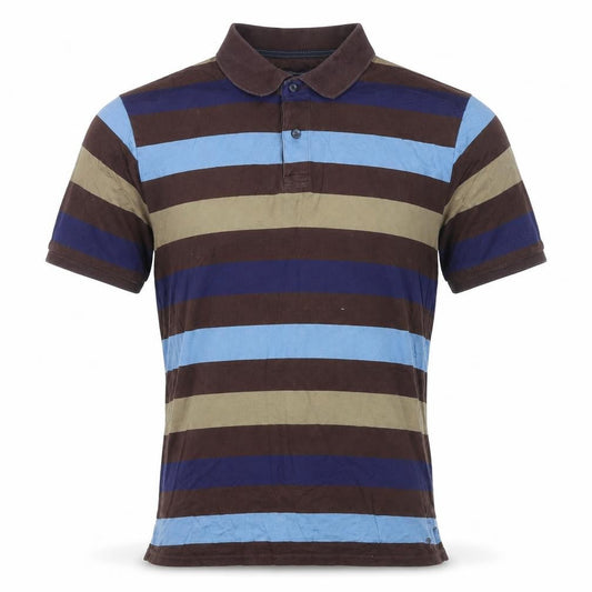 Blue Harbour Mens Brown Striped Polyester Polo Size S Collared Button