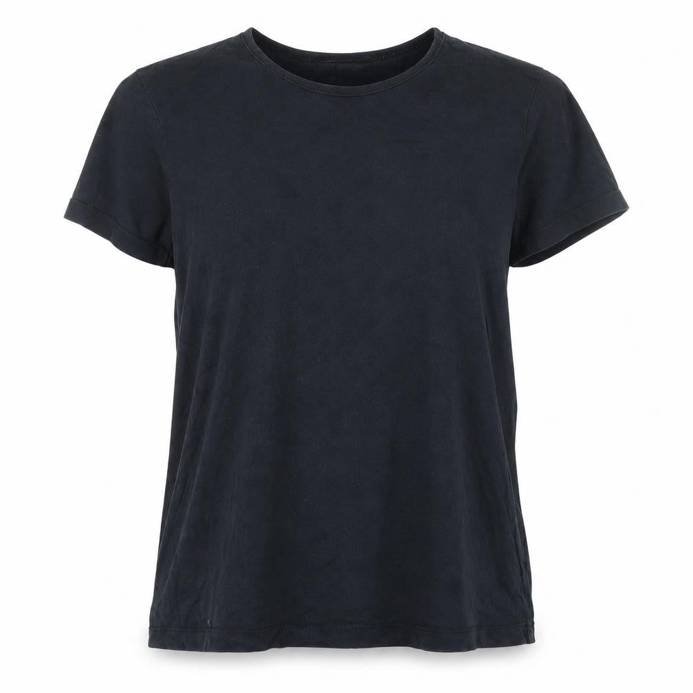 Front view of ASOS women’s black polyester basic t-shirt, size UK 12, round neck
