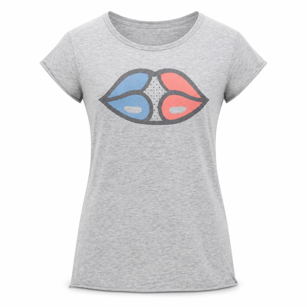 Frolics Womens Grey Cotton Basic T-Shirt Size L Scoop Neck - Graphic print lips