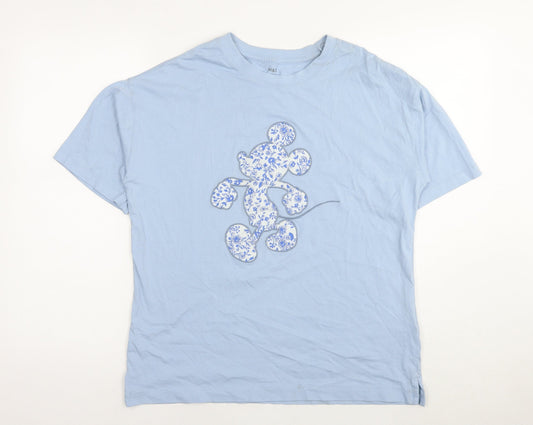 Disney Womens Blue Cotton Basic T-Shirt Size 10 Round Neck - Mickey Mouse Floral
