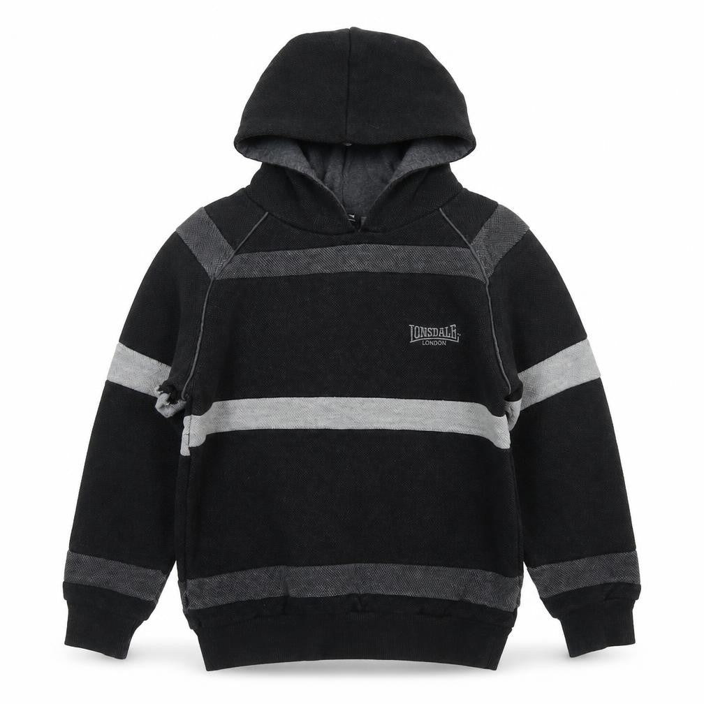 Lonsdale Boys Black Striped Cotton Pullover Hoodie Size 7-8 Years Pullover