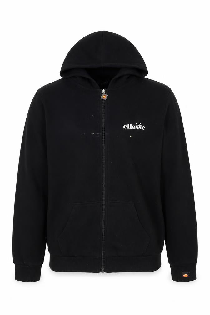 Front view of Ellesse boys’ black cotton full zip hoodie, size 13-14, years zip