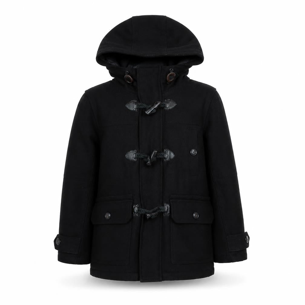 Front view of Next boys’ black duffle coat coat, size 6, years zip
