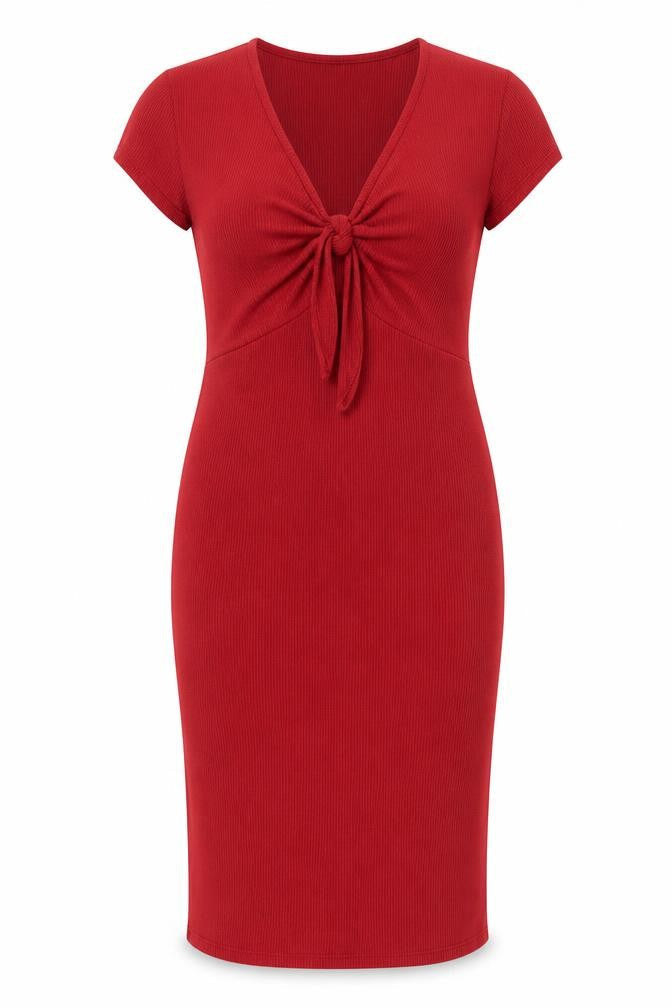 Front view of Miss Selfridge women’s red polyester bodycon, size UK 14, v-neck pullover