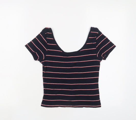 Pull&Bear Womens Blue Striped Cotton Basic T-Shirt Size S Scoop Neck