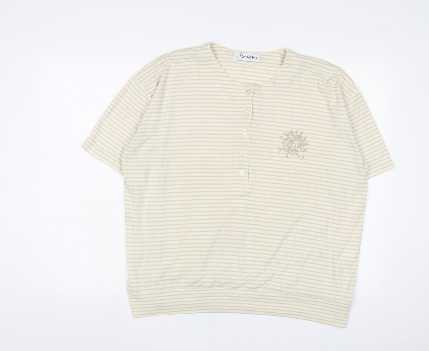 Berkertex Womens Ivory Striped Polyester Basic T-Shirt Size 18 Henley - Flower, Embroidered