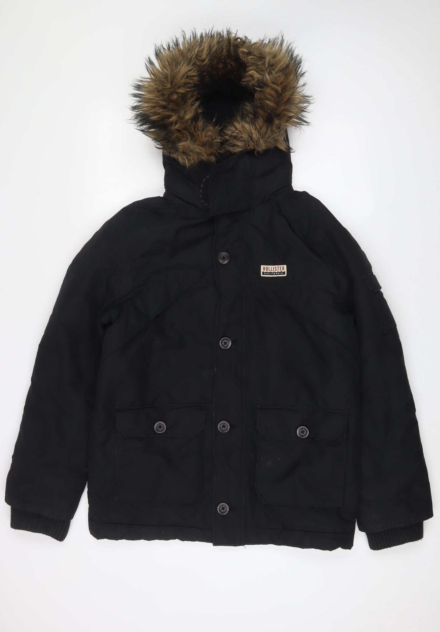 Hollister Mens Black Jacket Coat Size S Zip - Logo, Embroidered