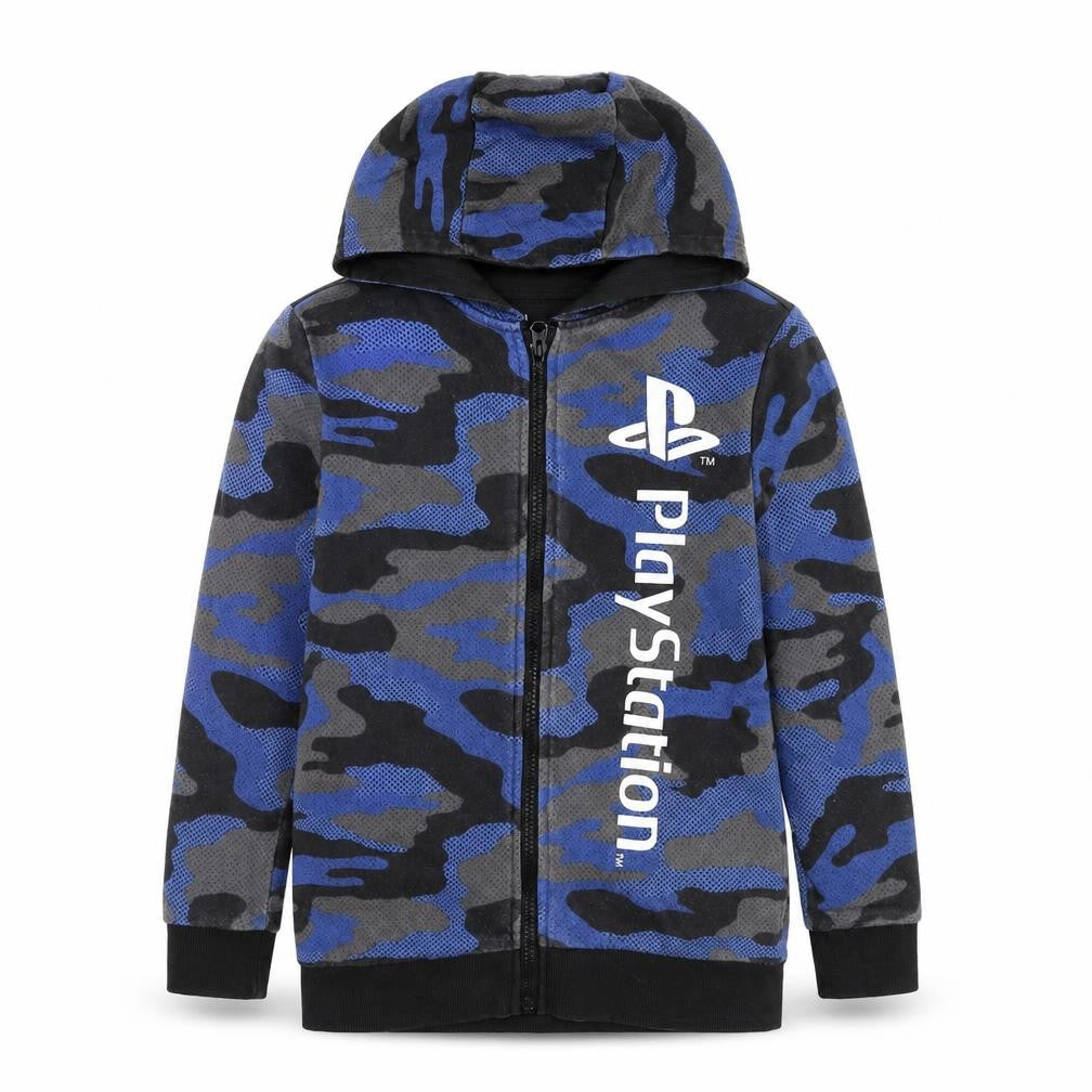 PlayStation Boys Blue Camouflage Cotton Full Zip Hoodie Size 8-9 Years Zip