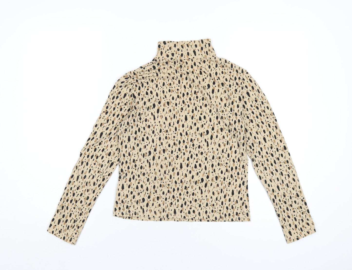 Monki Womens Beige Geometric Cotton Basic T-Shirt Size S Mock Neck