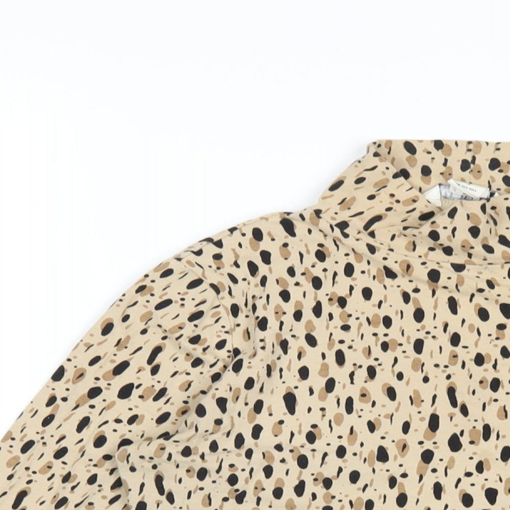Monki Womens Beige Geometric Cotton Basic T-Shirt Size S Mock Neck