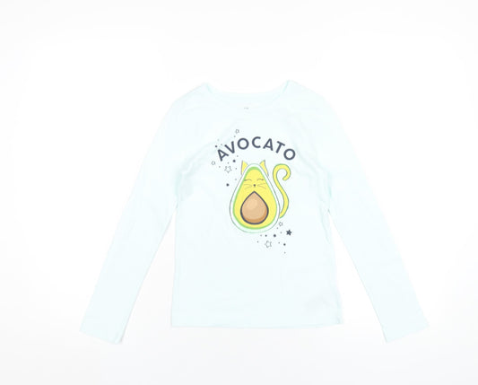 Gap Girls Blue Cotton Basic T-Shirt Size 8-9 Years Round Neck Pullover - Avocato