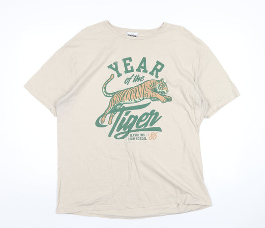 Stranger Things Womens Beige Cotton Basic T-Shirt Size 16 Round Neck - Hawkins High School Year of the Tiger
