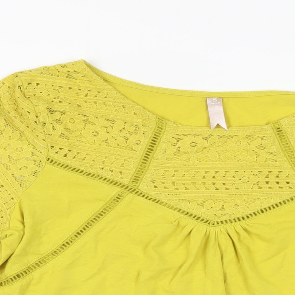 Sfera Womens Yellow Cotton Basic Blouse Size S Round Neck - Lace Detail